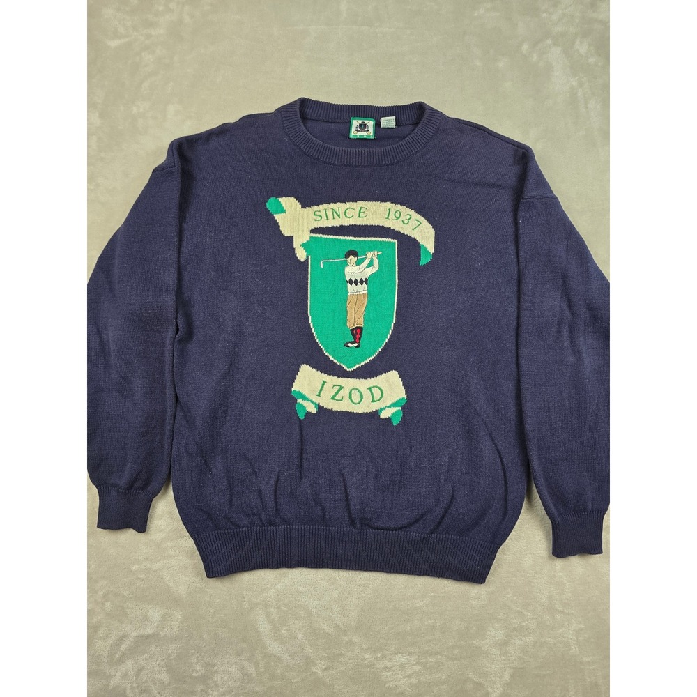 Vintage Izod Golf Sweater Mens‎ XL Blue Crest Graphic Crewneck Cotton Knit
